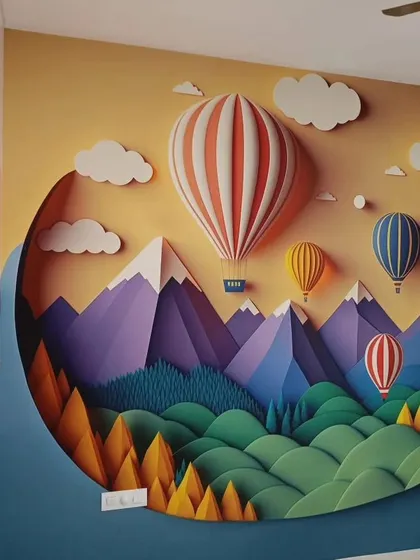 A 3D-effect mural of hot air balloons over a mountain landscape. The paper-craft style is very modern and playful.