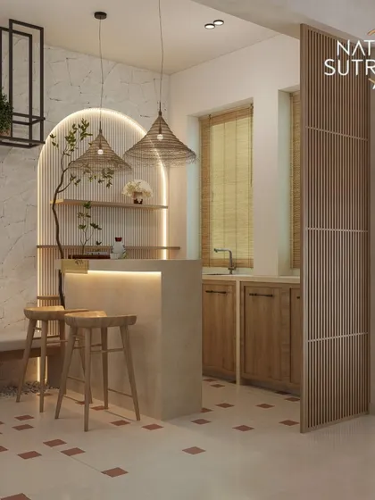This view of the Asian-fusion bar highlights the arched shelving with integrated lighting and the slatted wood screen. The design balances natural materials with modern elegance for a unique, tranquil vibe.