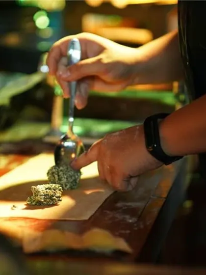 A close-up of a chef carefully placing spinach and ricotta filling onto a sheet of fresh pasta to make ravioli. This behind-the-scenes shot shows the craftsmanship that goes into each dish.