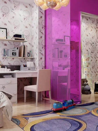 A playful yet stylish kids' room with dreamcatcher-themed wallpaper and a pop of magenta, designed to be a fun and inspiring space for a child.