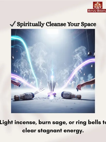 To spiritually cleanse your space, you can light incense, burn sage, or ring bells. These practices help clear stagnant energy and are especially powerful before starting a yoga or meditation session to create a purified environment.