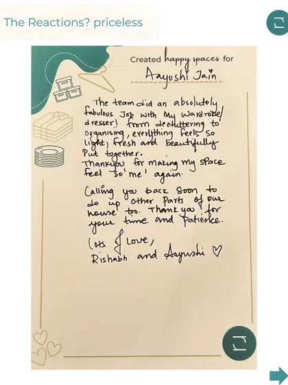 A close-up of a client's note expressing how their space feels "so 'me' again." The reactions are priceless.