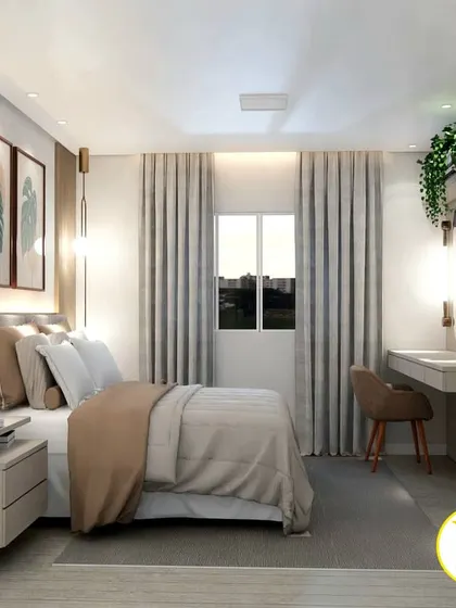 A full view of the bedroom with the botanical art, showing the TV and dressing area on the opposite wall.