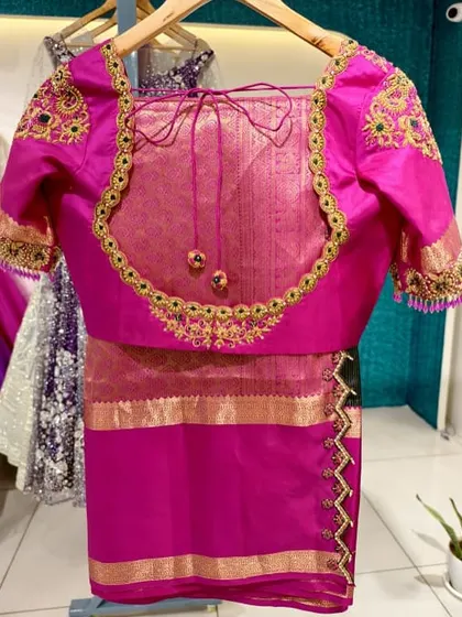 The complete blouse and saree set, showing how the heavily embroidered blouse elevates the entire look.