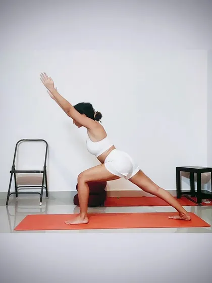 A variation of Ashwa Sanchalanasana, the equestrian pose. Standing poses like this are amazing for building strength in the legs and connecting to your root chakra.
