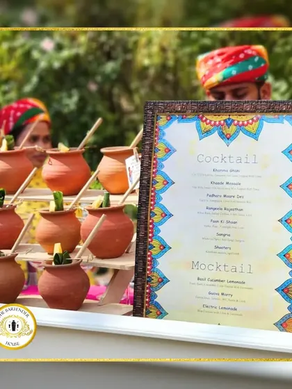 A closer look at our traditional Indian bar. The menu is designed to match the theme, and drinks are served in authentic matkas for a complete rustic experience.