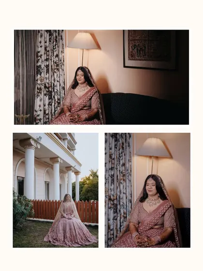 This collage combines an indoor, moody portrait with an outdoor, sunlit one, showing our ability to create beautiful bridal shots in any lighting condition.