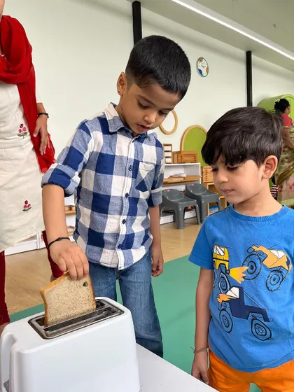 Each activity, from making Bhel Puri and toast to plucking methi leaves and exploring what floats, is a lesson in itself. These practical life and sensorial activities are central to the Montessori method, helping children develop fine motor skills, concentration, and a deep understanding of the world through their own actions.