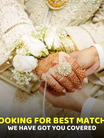 Looking for the best match? My service has you covered. This image, showing a groom holding his bride's hand adorned with henna and flowers, captures the beauty of the unions I help create.