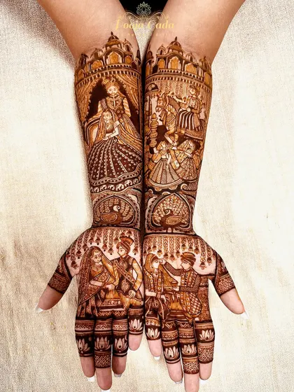 A royal bridal design for my cousin, filled with multiple intricate scenes of wedding ceremonies and family.