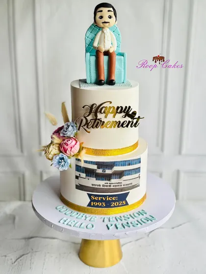 Celebrating a legacy of dedication and service. This two-tier retirement cake features a custom fondant figurine of the retiree relaxing in his chair.