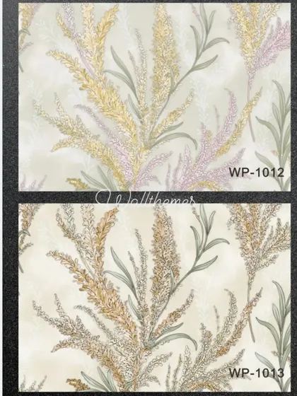 Two color options for a wallpaper with a dense pattern of feathery, wheat-like plants.