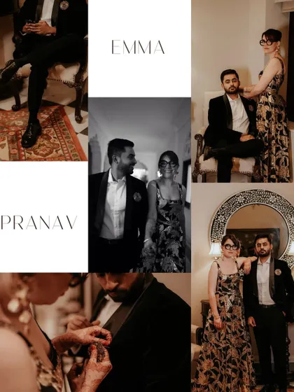 A creative collage that introduces the couple, Emma and Pranav, with a mix of posed and candid shots, highlighting their chemistry and the chic atmosphere of their party.