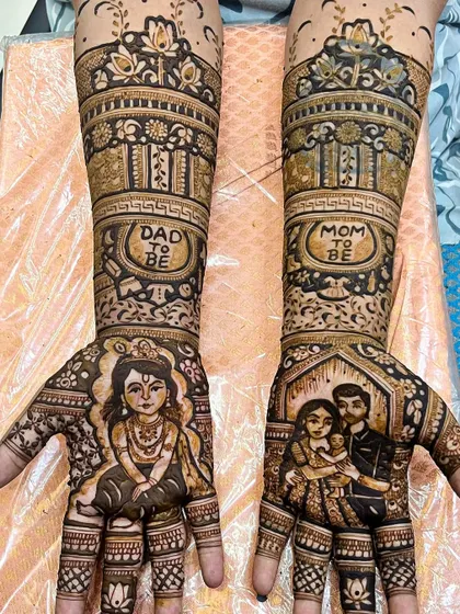 A heartwarming baby shower design for expecting parents. It features a portrait of the family-to-be, "Mom to be" and "Dad to be" messages, and a beautiful depiction of baby Krishna.