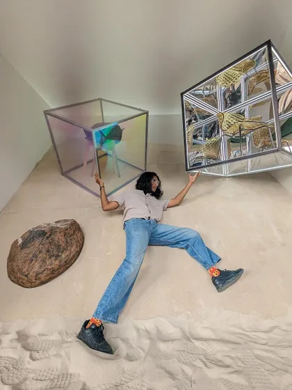 Another playful shot of our team enjoying the installation. We believe that design should also be about fun and engaging the senses.