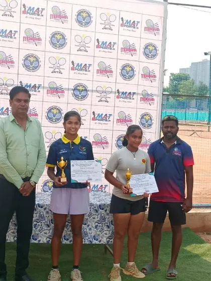 The doubles finalists at the AITA NS U-16 tournament, with our player Eshita on the right. Back to back strong performances show her consistency.