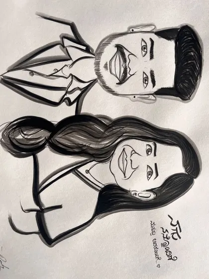 This couple's caricature features a personal message in Kannada, making it a truly unique and culturally relevant piece of art.