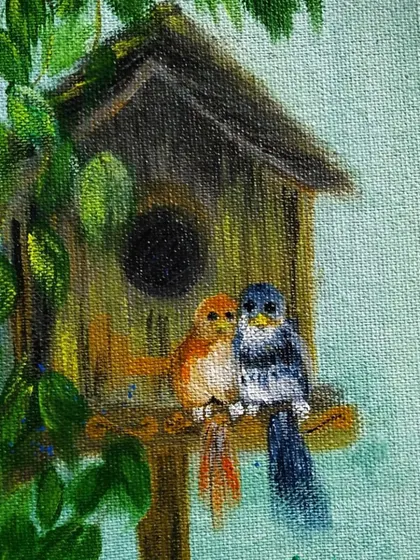 This was my last painting of 2022, a pair of lovebirds nestled in their birdhouse. For me, it represents companionship and looking forward to a new year. It’s a small piece that holds a lot of hope and gratitude for the journey so far.