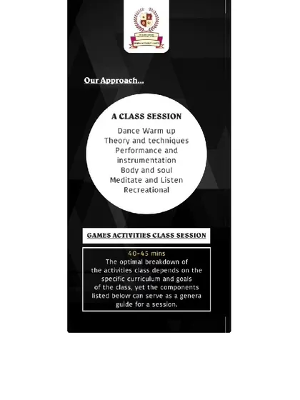 A breakdown of a typical 40-45 minute class session. Our curriculum includes a warm-up, theory, performance, meditation, and even recreational games.