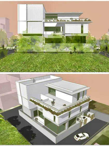 A duplicate render showing the 'CUBE HOUSE' and its relationship to the green landscape of the adjacent park.
