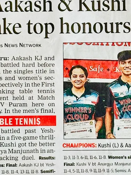 Our players' successes are often featured in the news, like this Times News Network article celebrating Aakash and Kushi's championship titles. This external recognition highlights the results of our dedicated coaching.