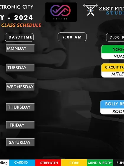 Our July 2024 schedule, featuring Yoga with Vijay and Circuit Training with Mitlesh. We ensure a variety of instructors and class types are available each month.
