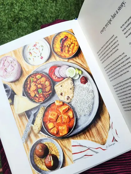 Every recipe has a story. This illustrated page shows a complete Indian thali, representing the meals that bring us together. Our journal is a resource to preserve these cooking methods and memories for future generations to enjoy.