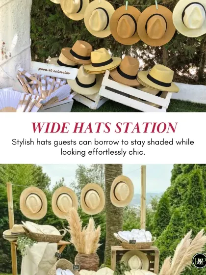 A stylish and practical detail for an outdoor wedding: a wide-hat station where guests can borrow a chic hat to stay shaded.