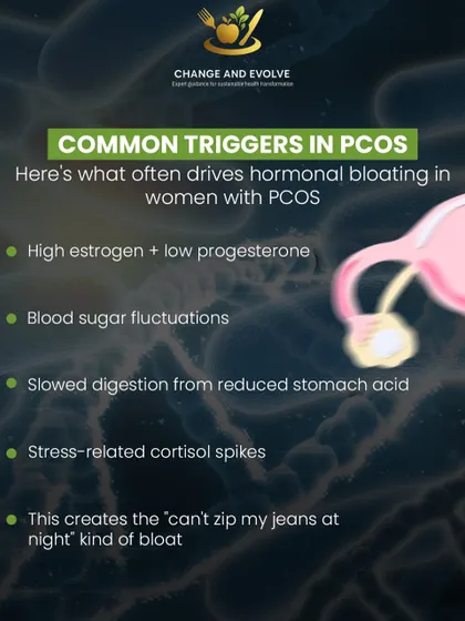 For women with PCOS, common triggers for hormonal bloating include high estrogen, blood sugar fluctuations, and stress-related cortisol spikes.