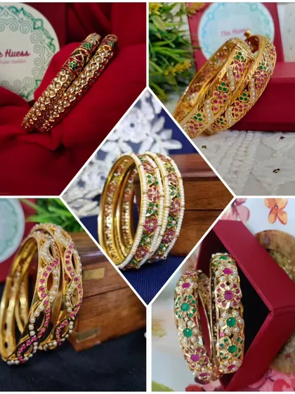 A glimpse into our collection of sleek, gold-plated Jadau bangles. From intricate floral patterns to bold gemstone work, I curate a variety of styles that can be stacked together or worn individually for a touch of everyday elegance.