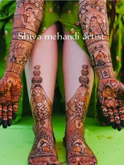A full bridal set combining portraiture with traditional figures. The arms feature couple portraits and wedding scenes, while the feet are adorned with beautiful illustrations of women carrying pots.