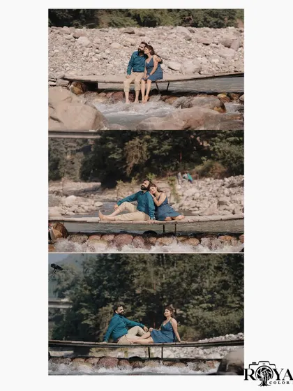 A vertical collage showing a couple's relaxed and happy moments on a wooden bridge over a flowing stream.
