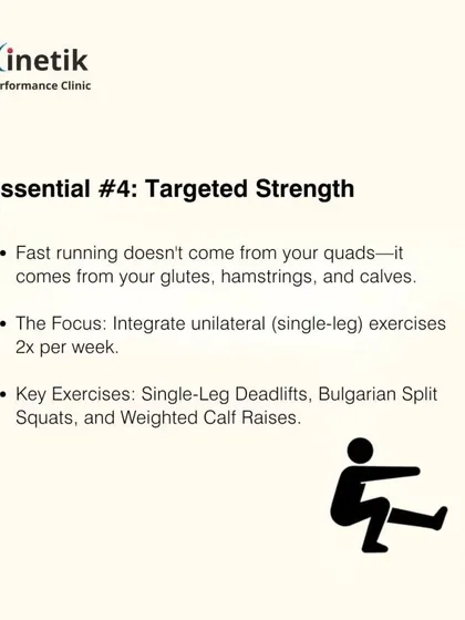 Essential number four is Targeted Strength. Speed comes from your posterior chain, your glutes, hamstrings, and calves. I integrate specific unilateral exercises like single-leg deadlifts to build real running power.