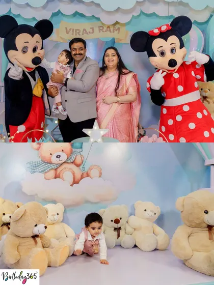 A collage from a hot air balloon and teddy bear party, showing the birthday boy with his family and posing with Mickey and Minnie Mouse mascots.