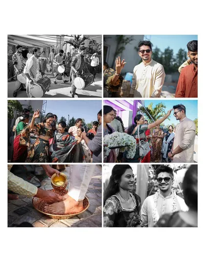 A black and white collage showing various traditions and fun moments from a pre-wedding ceremony, including dhol players and blessings.
