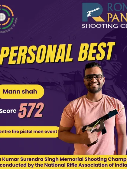 A personal best unlocked for Mann Shah. His outstanding score of 572 in the 25m Centre Fire Pistol event at the All India Kumar Surendra Singh Memorial Shooting Championship is truly inspiring.