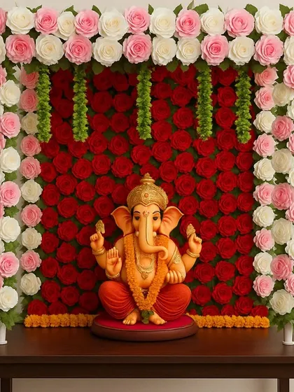 We provide beautiful mandap decorations for Ganesh Chaturthi. This particular setup for a home puja uses a dense backdrop of red roses with a frame of pink and white roses, showing our capability with both fresh and high-quality artificial flowers.