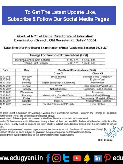 Here is the Pre-Board Examination Date Sheet for the 2021-22 academic session from the Directorate of Education, Delhi.