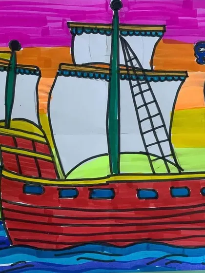 This detailed drawing of a pirate ship shows a student's attention to detail and use of bright colors. The feeling of creating something so intricate is a blissful experience for our learners.