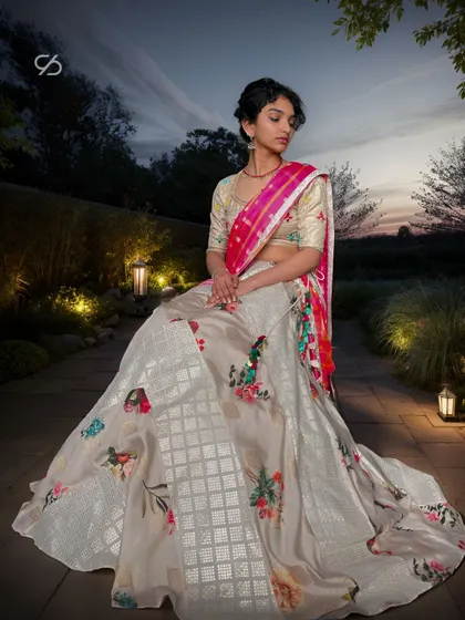 My client sits gracefully in her custom patchwork lehenga, a beautiful ensemble for a festive evening gathering.