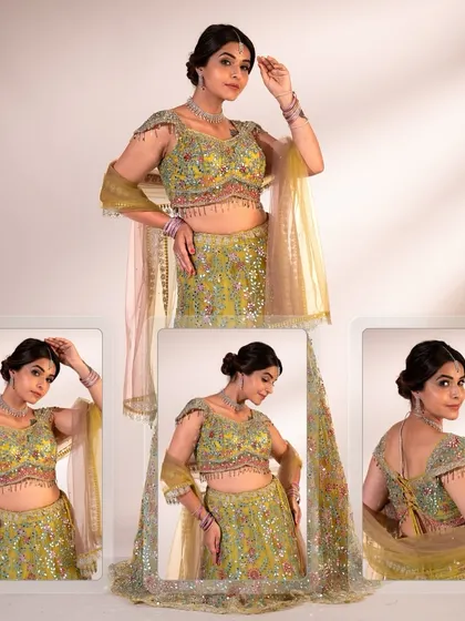 A collage showcasing the stunning details of the lime green lehenga from all angles, including the beautiful back design of the blouse.