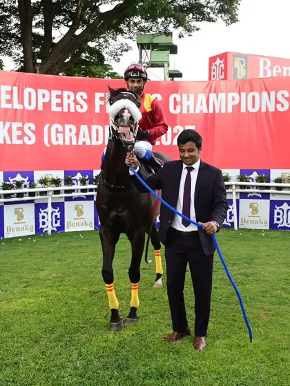 Pluto, with jockey Yash Narredu, after winning The Speaker's Cup.