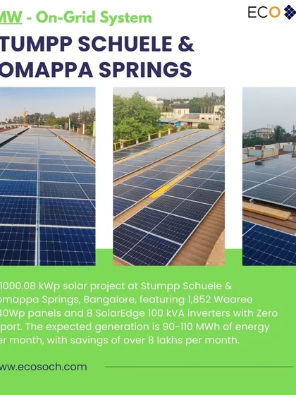 A 1000.08 kWp on-grid solar project for Stumpp Schuele & Somappa Springs in Bangalore. This massive system, featuring 1,852 Waaree panels, is designed to generate 90-110 MWh of energy per month, resulting in savings of over 8 lakhs monthly.