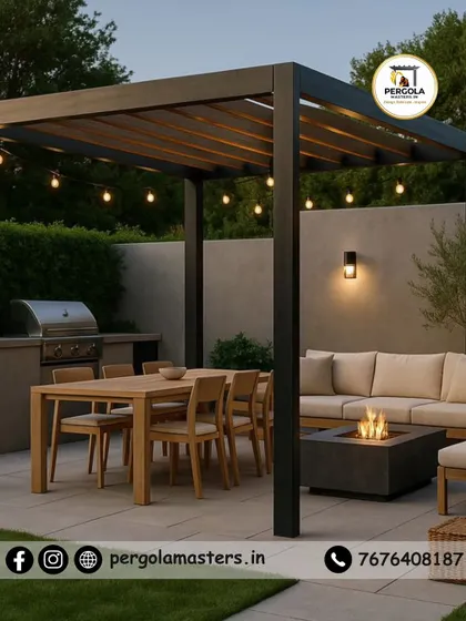 An ideal setup for outdoor dining and entertainment. This rafter pergola shelters a complete outdoor kitchen and lounge area, featuring a fire pit that adds warmth and ambiance for year-round enjoyment.