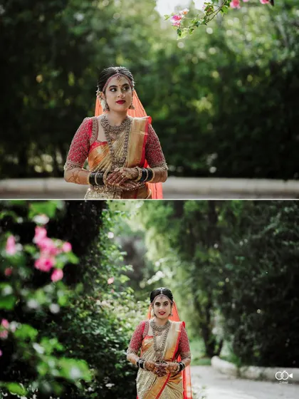 A diptych of the bride in her red-veiled saree, posing in a beautiful green alley.