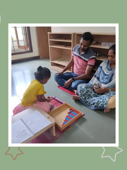 With number rods and cards, Joshya explores arithmetic concepts. Her parents watch as she makes connections between quantity and symbol, a foundational math skill.