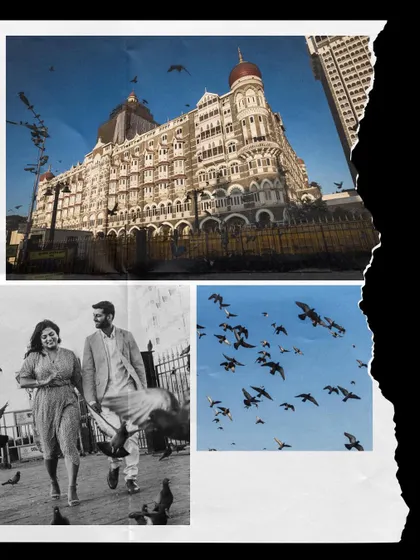 A collage capturing the essence of a Mumbai love story. It combines the grandeur of the Taj Mahal Palace hotel with the iconic pigeons and a candid moment of the couple.