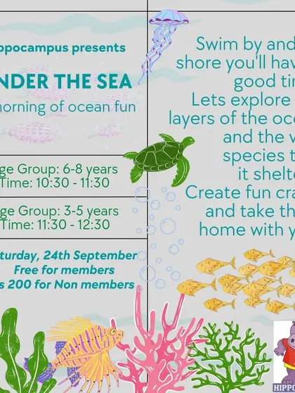 This poster for my "Under the Sea" workshop promises a morning of ocean fun, where we explore the layers of the ocean and create fun crafts inspired by its creatures.
