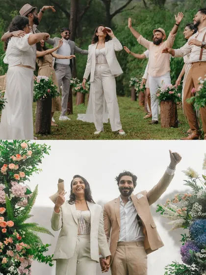 The bride and groom celebrate with friends and family after renewing their vows. The energy is infectious as they pop a bottle, surrounded by the stunning scenery of Athirapilly.