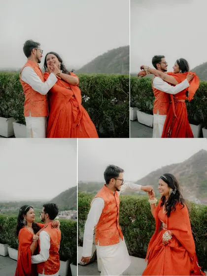 A collage of romantic and playful moments from Sugandha and Ashish's Haldi. Set against a mountain backdrop, these photos capture the couple's love story in a series of candid embraces and interactions.